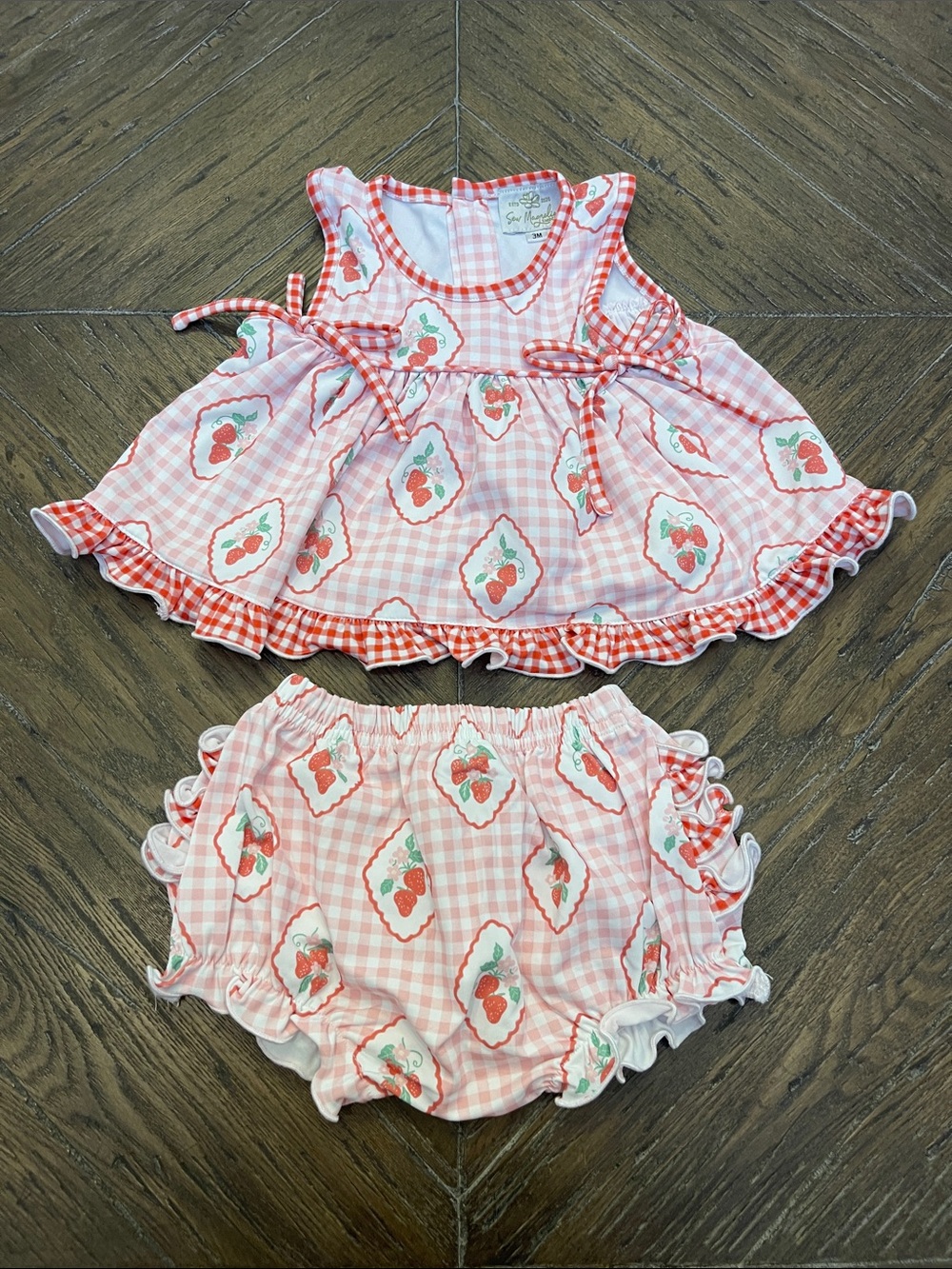 Sew Magnolia Smocks Pink Gingham Strawberry Dress with Matching Bloomer